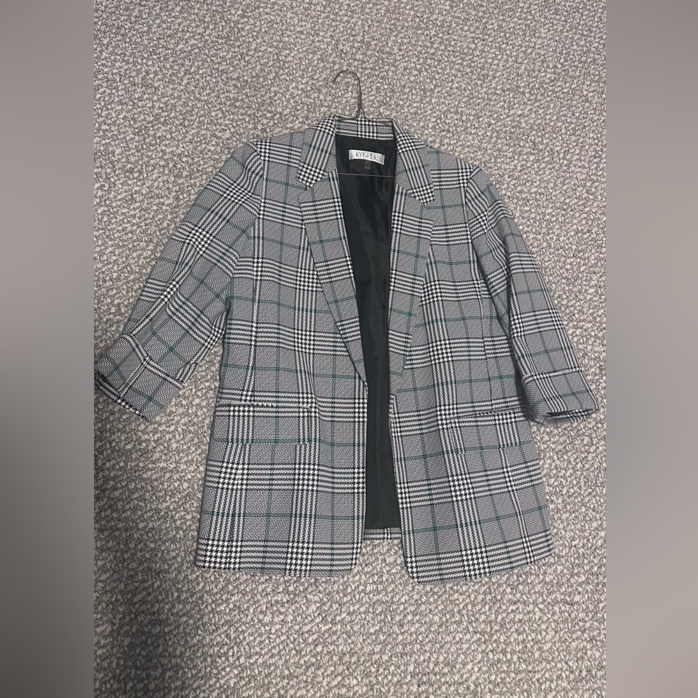 Kasper Gray & Black Glen Plaid Long Blazer with Subtle Green Windowpane